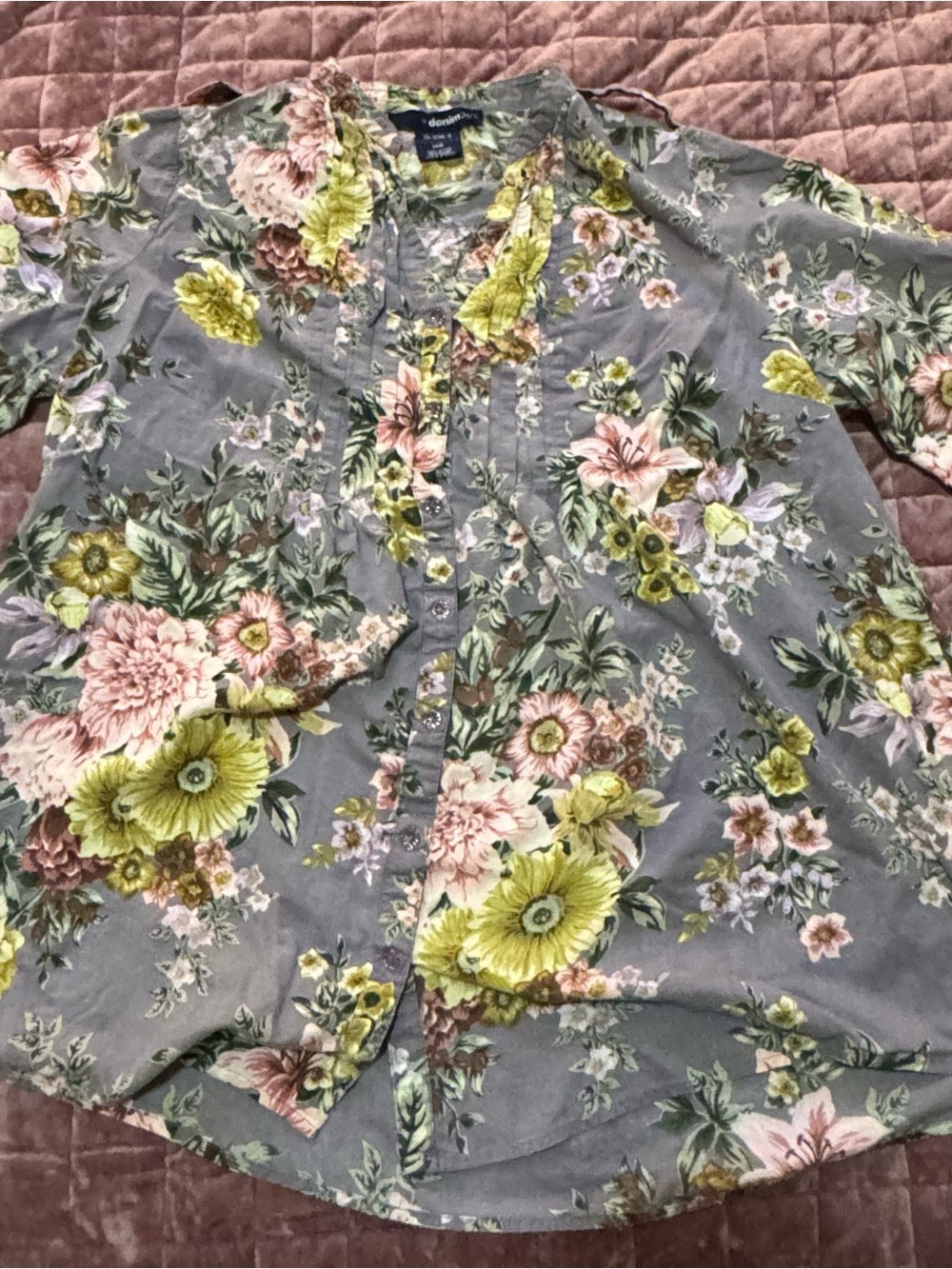 Denim 24/7 Floral Cotton Button Front Tunic Blouse Women’s 14W Gray 3/4 Sleeve